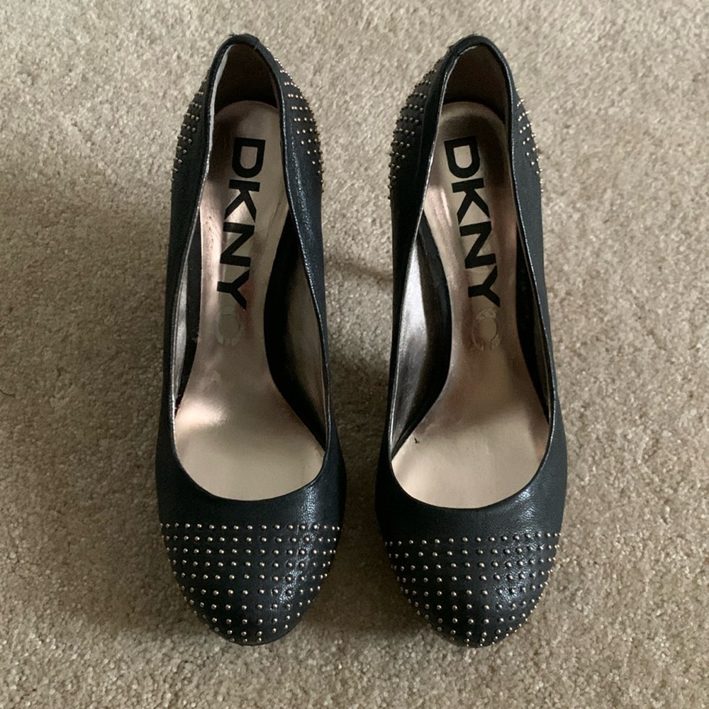 DKNYC Black Leather Gold Studded Heels